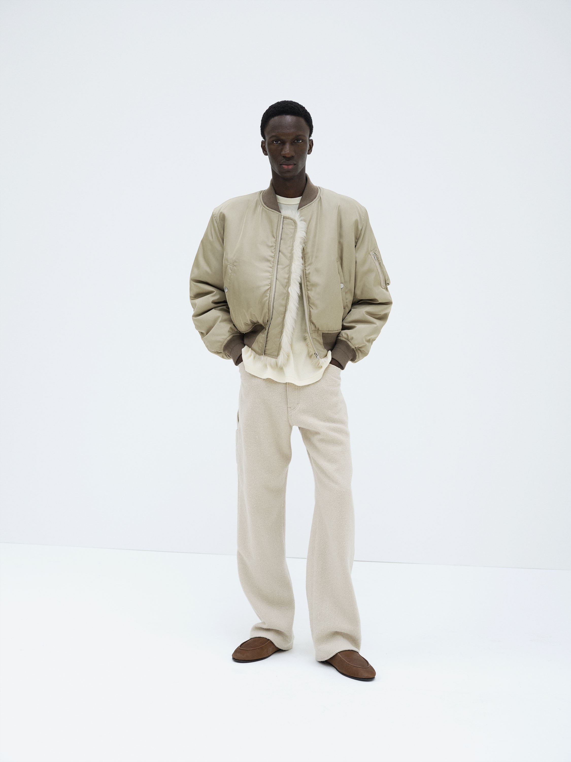 SILK TWILL FLIGHT BLOUSON / MERINO MOUTON LINING 詳細画像 LIGHT KHAKI &times; IVORY BEIGE 1