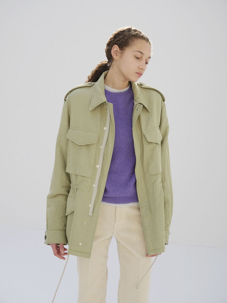 BRUSHED SILK LINEN SATIN PADDED MILITARY BLOUSON