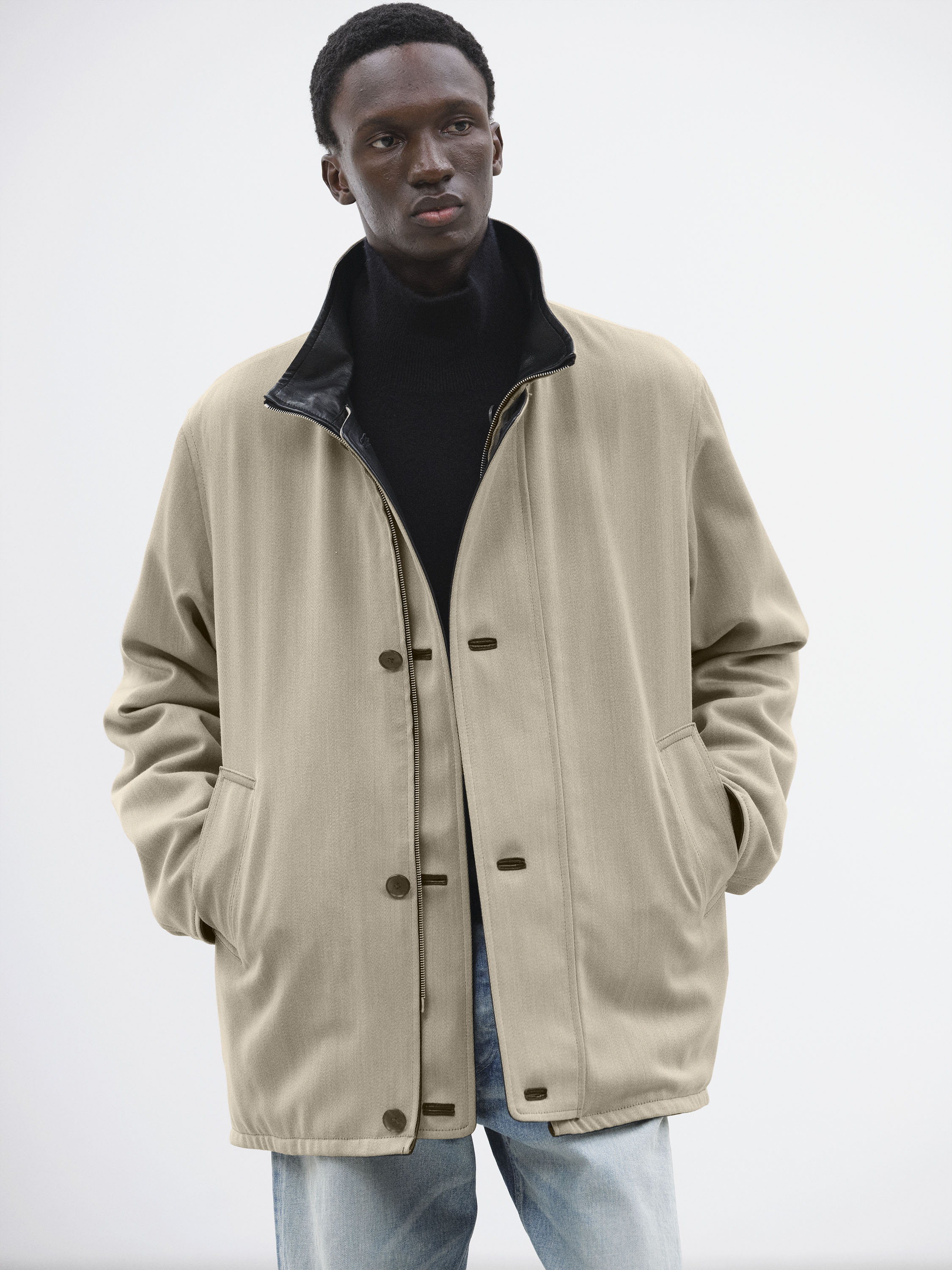 REVERSIBLE WOOL TWISTED TWILL / SHEEP LEATHER HALF COAT 詳細画像 KHAKI BEIGE CHAMBRAY &times; BLACK 1