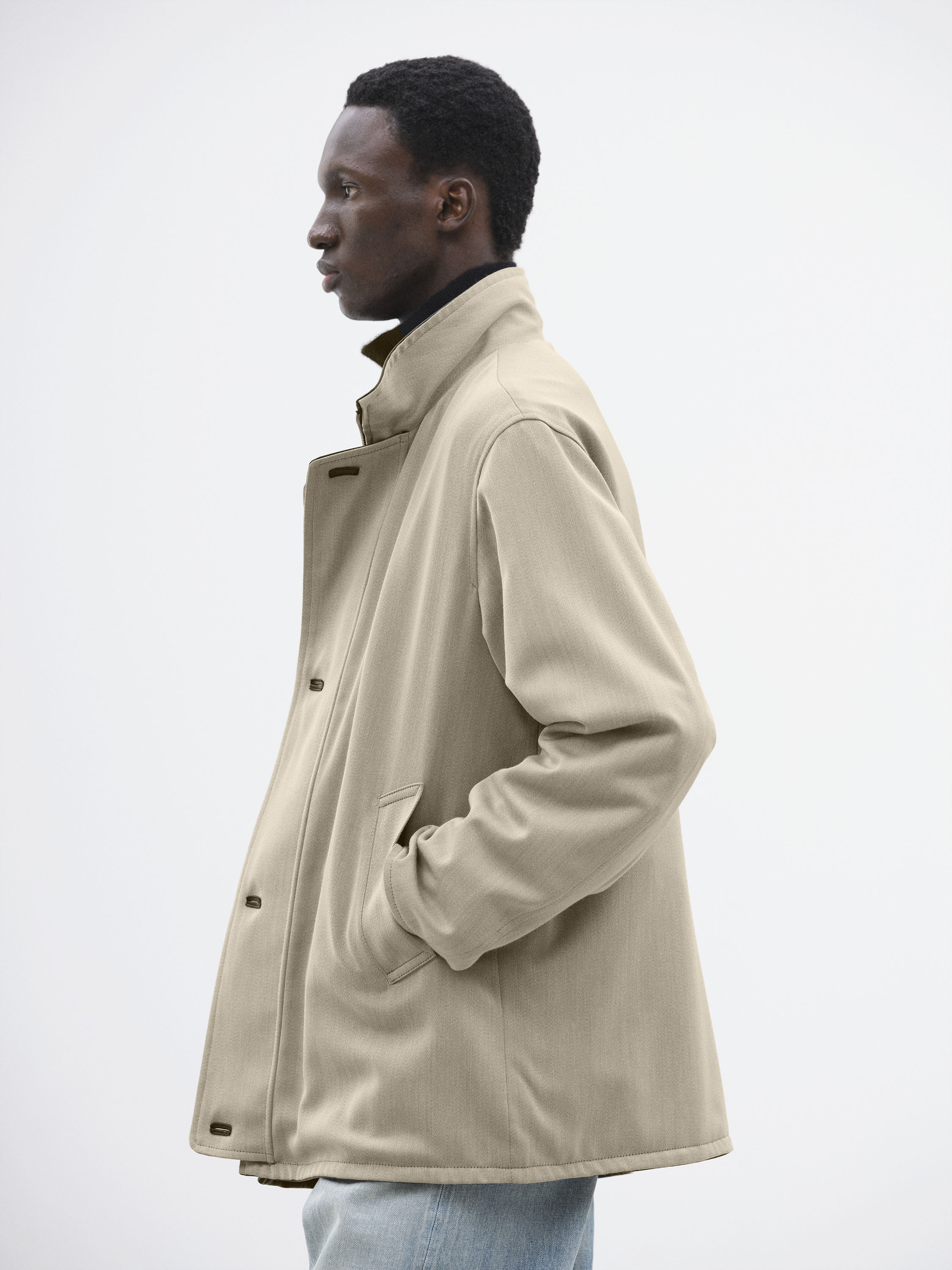 REVERSIBLE WOOL TWISTED TWILL / SHEEP LEATHER HALF COAT 詳細画像 KHAKI BEIGE CHAMBRAY &times; BLACK 2