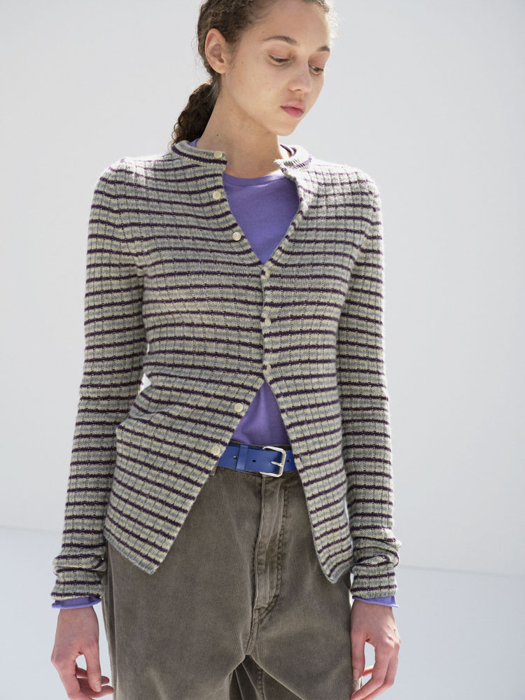 SHETLAND WOOL CASHMERE RIB KNIT CREW-NECK CARDIGAN