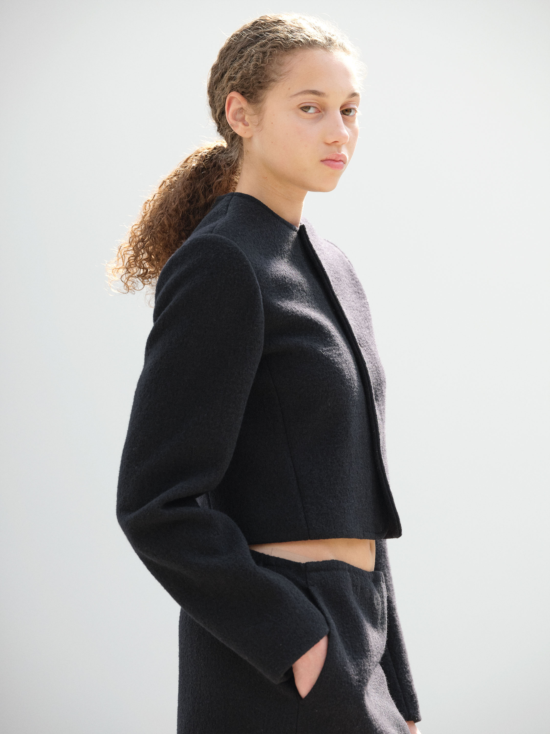 HEAVILY FULLED WOOL COTTON COLLARLESS JACKET 詳細画像 BLACK 3