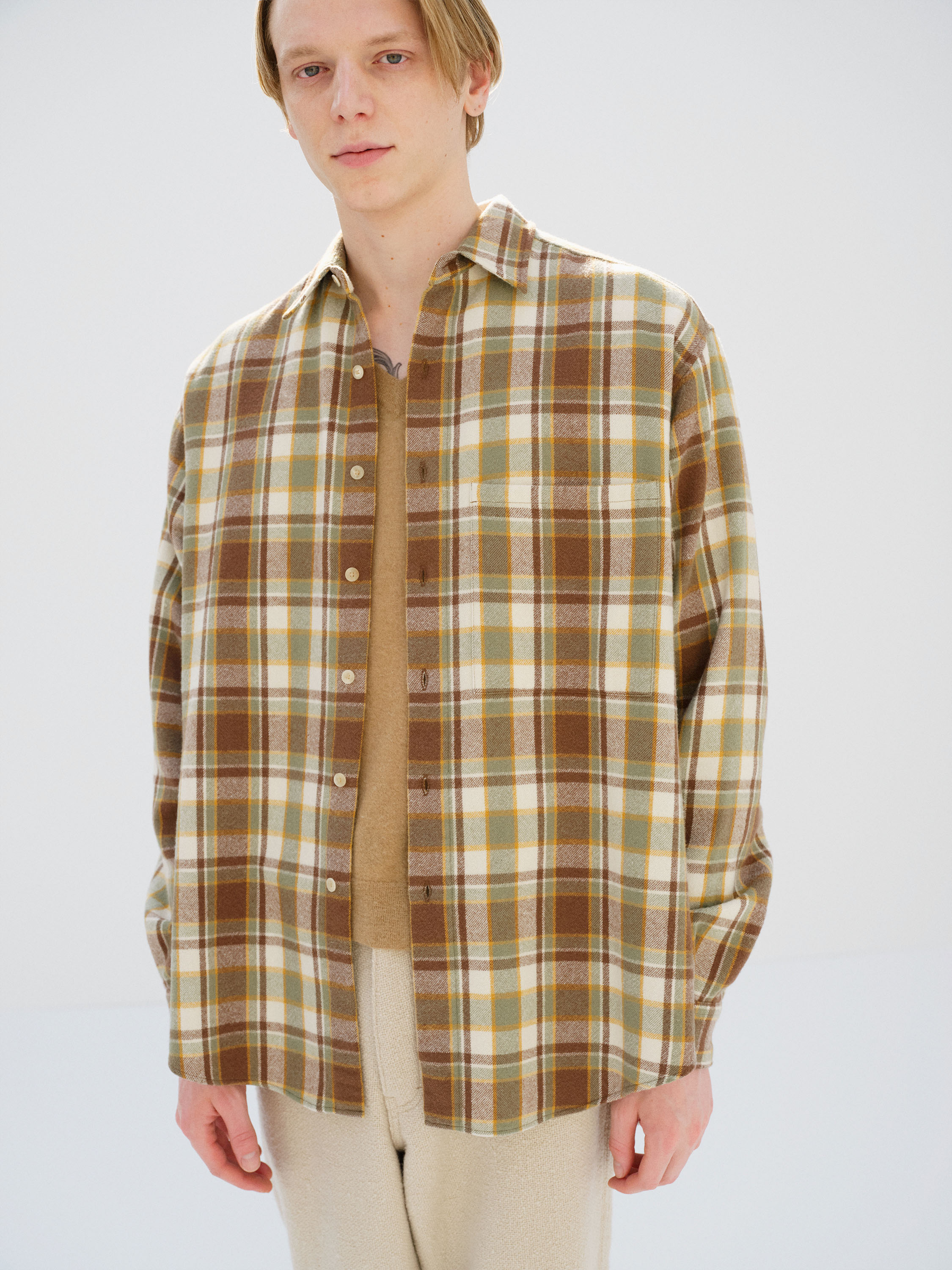 CASHMERE SILK CHECKED FLANNEL BIG SHIRT 詳細画像 BROWN CHECK 2