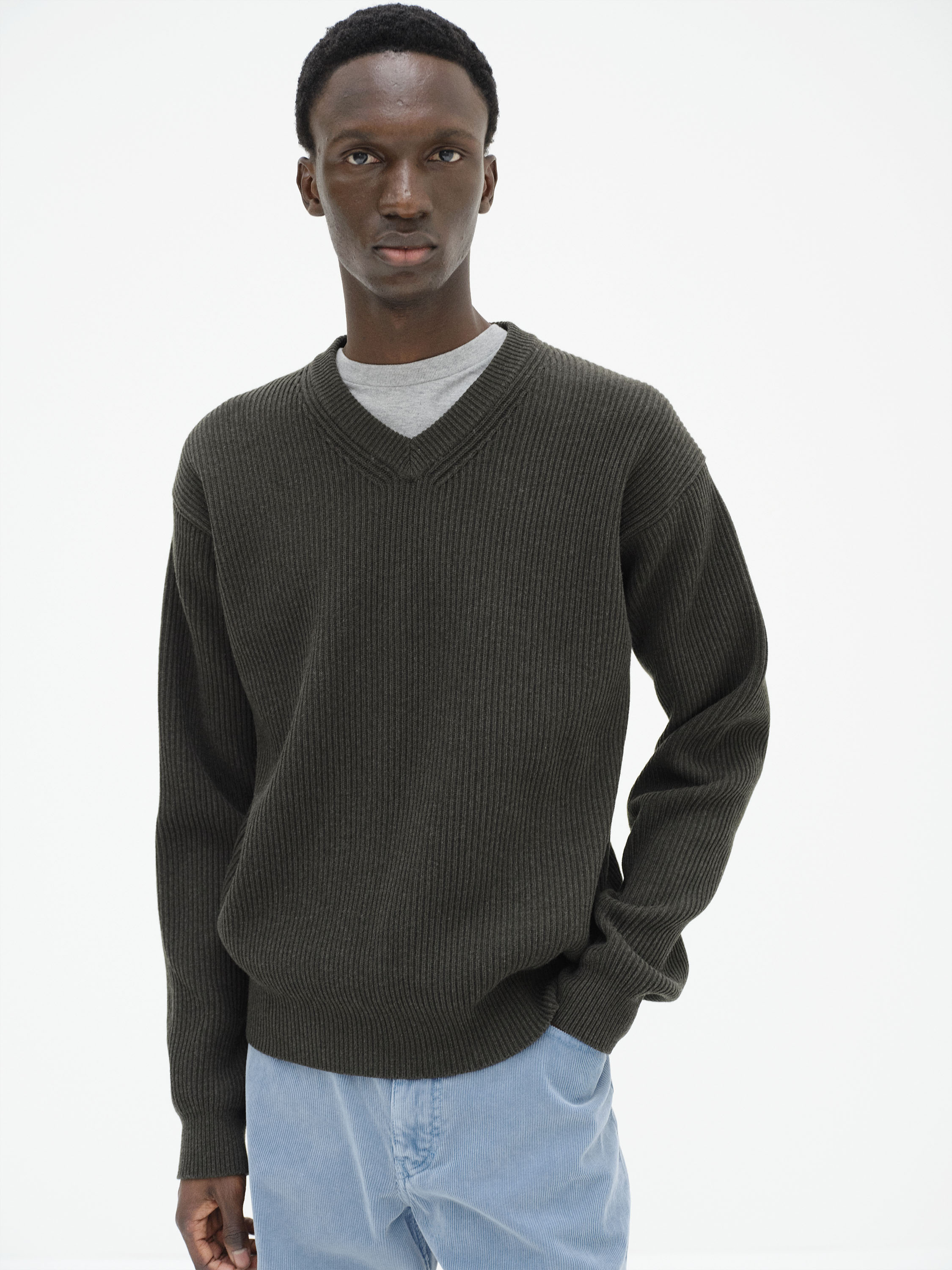 SUPER FINE WOOL RIB KNIT V-NECK P/O 詳細画像 TOP DARK OLIVE 1