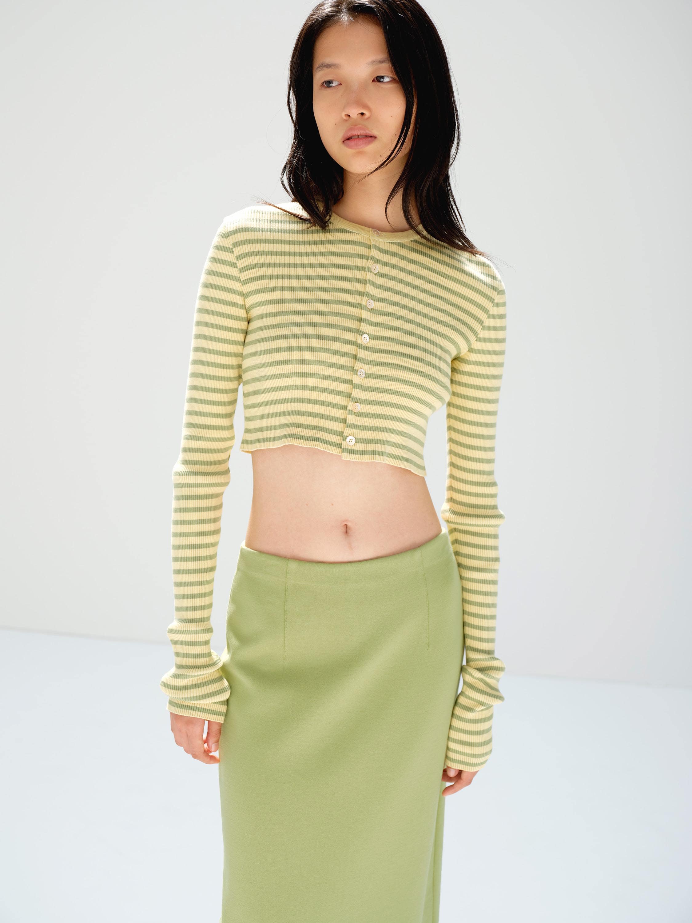 COTTON HIGH GAUGE RIB KNIT CROPPED CREW NECK CARDIGAN 詳細画像 LIGHT BEIGE &times; PALE GREEN STRIPE 1